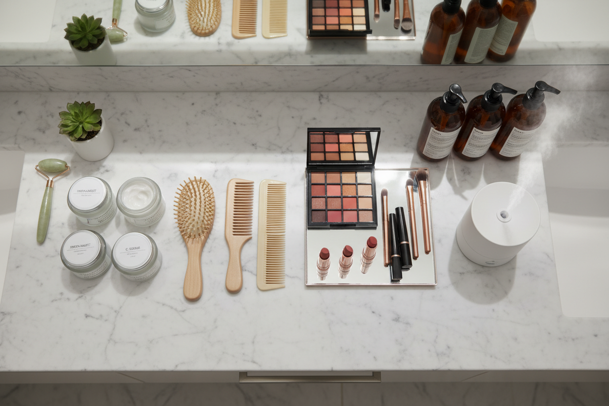 harriba de aollados en muble del bano hay varios objetos como cepillos ,peines,cremas ara la caray productos de machillajes y para el cabello