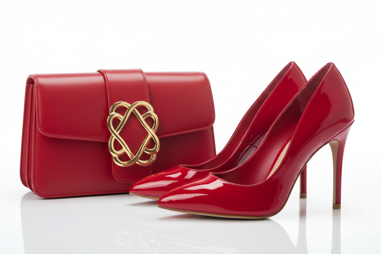 un bellisimo par de zapatos rojos elegantes con tacones y una borsa tambien muy elegante con una grande ebilla al centro