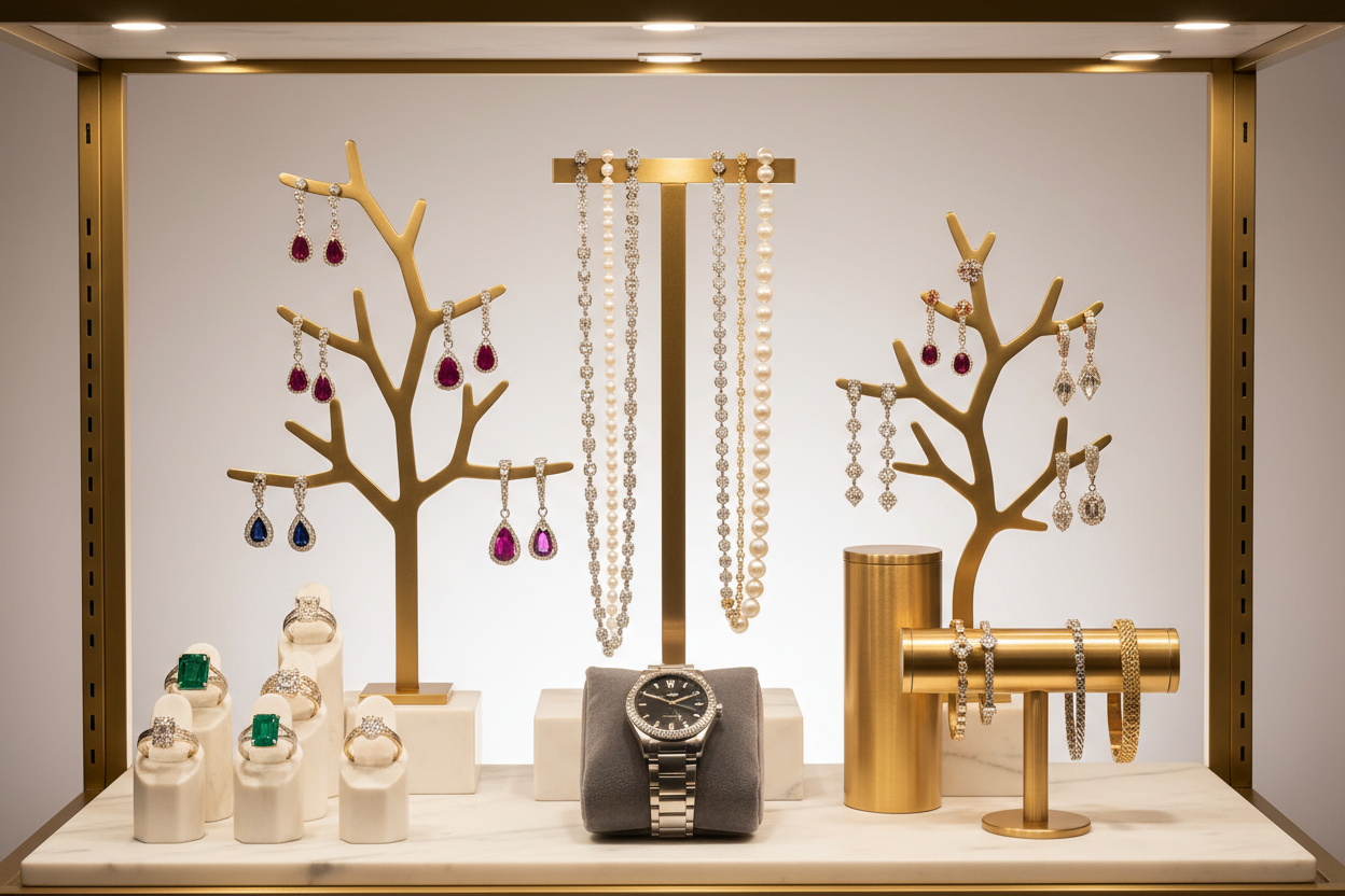 un porta joyas donde se ven y resaltan  collares ,anillos,brasaletes ,reloj aretes