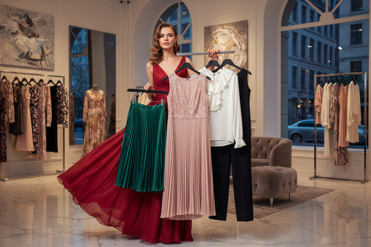 una senorina con un bestido elegante colorado que tenga en mano varas percha con sallas bestidos camisas  diferentes y elegantes y atractivas